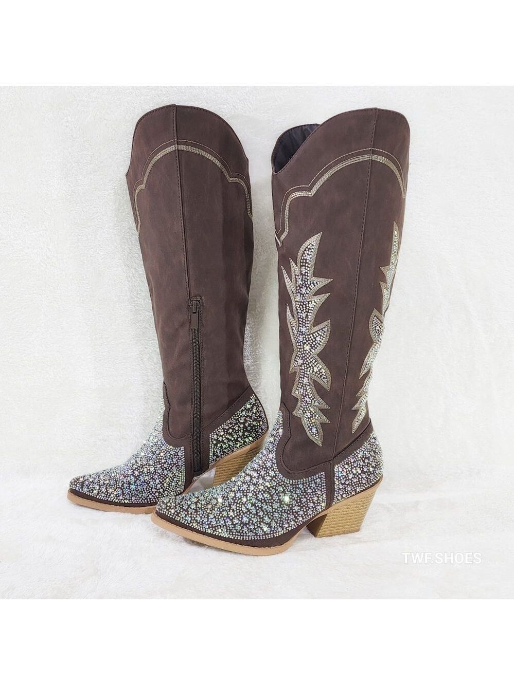 Crystal Dark Brown Multi Rhinestones Country Glam Western Cowgirl Knee Boots